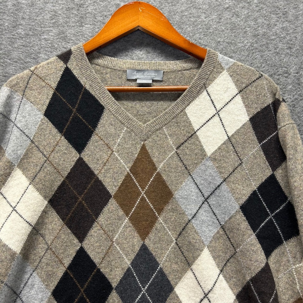 Daniel Cremieux Signature 100% Cashmere Argyle‎ V-Neck Sweater Mens XL Tan Brown